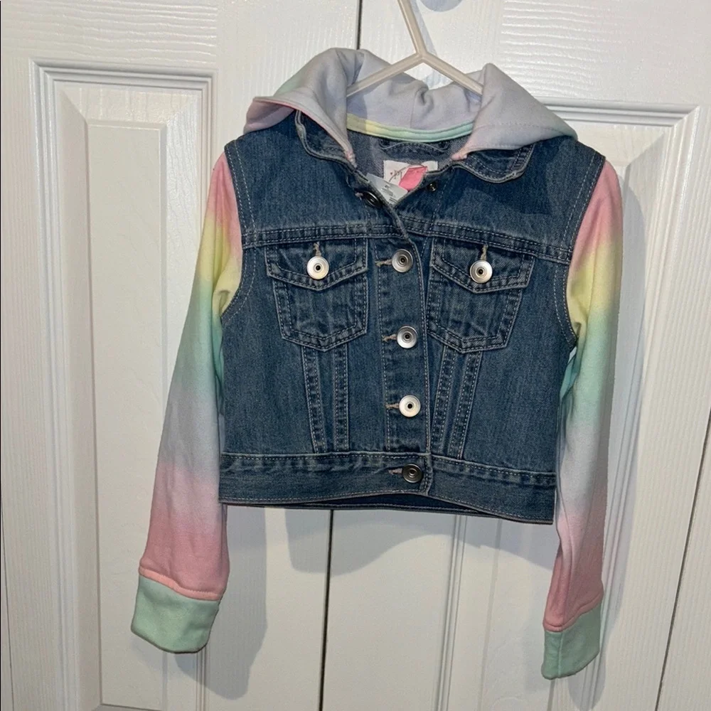 THE PLACE Blue and Pink Cropped Jean Jacket with Hood size 4